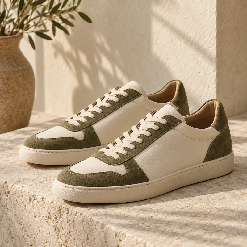 Kategoriebild: Sneaker in Creme und Oliv auf einer Steinfläche